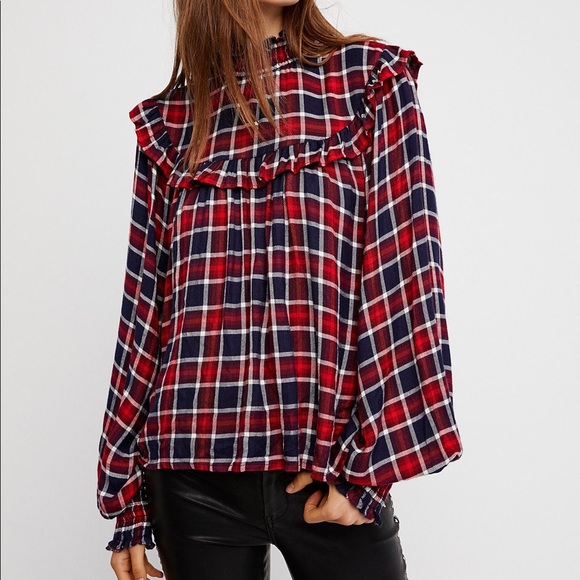 Free People Charlie Ruffle Plaid Top Sz Small NWT - Picture 1 of 6